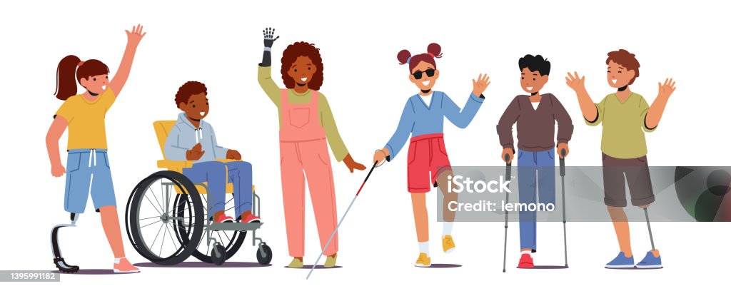 Kids Disability Concept Disabled Children Characters On Wheelchair Bionic  Hand Leg Prosthesis Boy Use Crutches Stock Illustration - Download Image  Now - iStock