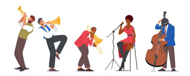 Vector illustration of Jazz Band on Stage Performing Music Concert. Artists Characters on Scene with Musical Instruments Trumpet, Saxophone