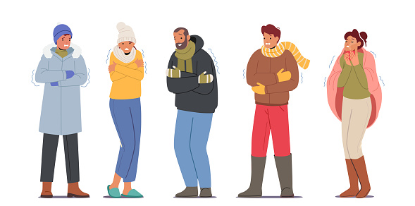 Set Of Freezing People Cold Weather Concept Male And Female Characters  Wearing Warm Clothes Suffering Of Low Degrees Stock Illustration - Download  Image Now - iStock