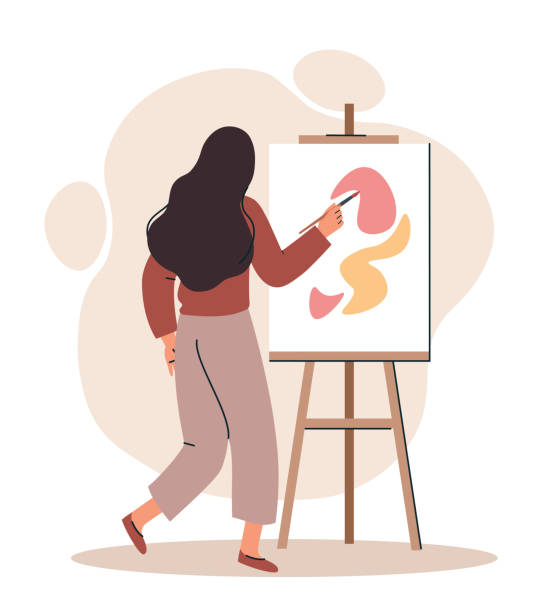 Woman artist at canvas Woman artist at canvas. Creative personality and art. Young girl trained, skills development. Character draws abstract patterns and shapes in different colors. Cartoon flat vector illustration easel stock illustrations