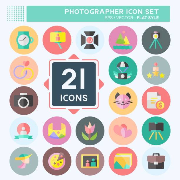 ilustraciones, imágenes clip art, dibujos animados e iconos de stock de icono set fotógrafo . adecuado para el símbolo de arte. estilo plano. diseño simple editable. vector de plantilla de diseño. ilustración simple - baby icons flash