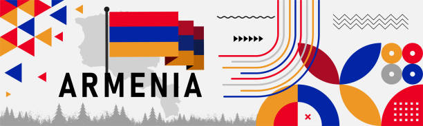 armenia national day banner with armenian flag, map and red, blue and yellow theme. - ermeni bayrağı stock illustrations