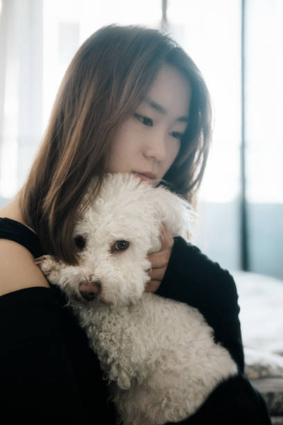 istock woman holds a white dog and uses a mobile computer to work at home 1396002173