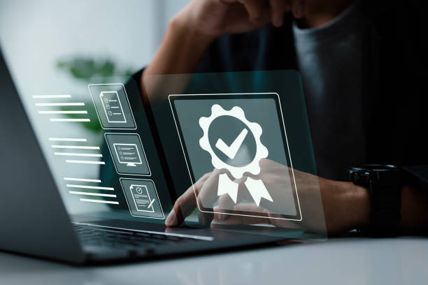 istock A businessman operating with the quality assurance, guarantee, standards, ISO certification, and standardization notion as a proof of top service. 1396003110