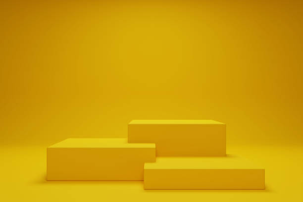 istock Minimal yellow colour 3D render square shape podium pedestal for product display showcase presentation. 3D blank podium mockup illustration 1396007691