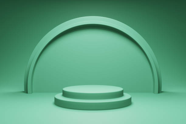 istock 3D rendering teal colour podium or pedestal for product display background with circular shape wall decorations. 3D mockup illustration 1396007692
