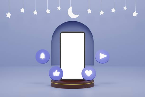 istock smartphone with social network icon 3d in podium in blue ornament islamic background with stars and crescent white color 3d illustration rendering for flyer design, banner, poster and etc 1396007914