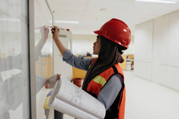 engineer muslim woman developing business plan and writing on whiteboard in the office