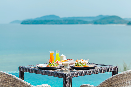 Tropical breakfast with fresh fruit, tea and pastry with the ocean and green hills on background. Summer travel holiday. Hotel breakfast by the swimming pool on terrace with turquoise sea view.