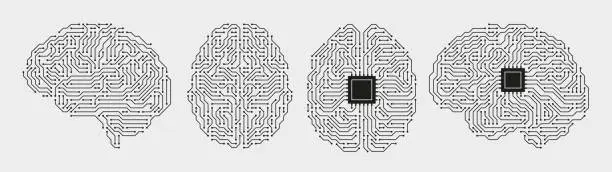 Vector illustration of Circuit board brains. Artificial intelligence microchip, AI chip and digital brain processor vector illustration set