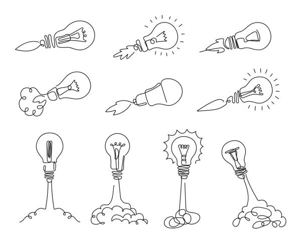 One line lamp rocket. Idea launch, bulb rockets and start smart idea concept vector illustration set One line lamp rocket. Idea launch, bulb rockets and start smart idea concept vector illustration set. Starting new business project, innovation. Light bulb taking off to outer space rocketship clipart stock illustrations