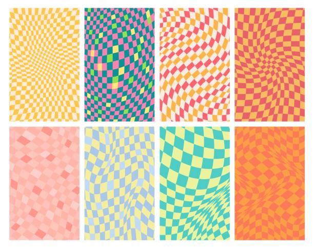 groovy siatka. faliste psychodeliczne tło, wirująca tekstura lat 70. i potrójny zestaw wektorowy siatki. - vibrant color checked backgrounds multi colored stock illustrations
