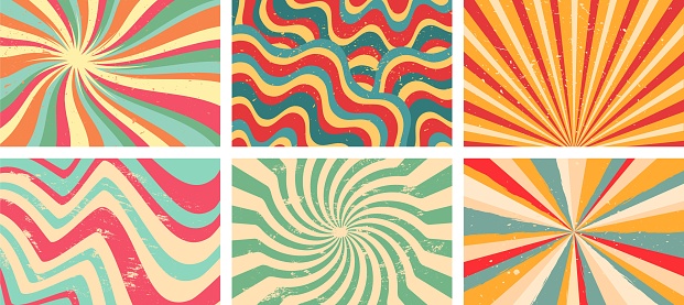 Groovy background. Starburst rays, colorful funky waves and vintage 60s hippie psychedelic wallpaper backdrop vector set. Multicolored spectrum, spiral stripes, abstract design collection