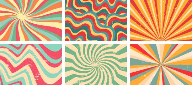 Groovy background. Starburst rays, colorful funky waves and vintage 60s hippie psychedelic wallpaper backdrop vector set Groovy background. Starburst rays, colorful funky waves and vintage 60s hippie psychedelic wallpaper backdrop vector set. Multicolored spectrum, spiral stripes, abstract design collection 70s retro wallpaper stock illustrations