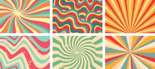 Vector illustration of Groovy background. Starburst rays, colorful funky waves and vintage 60s hippie psychedelic wallpaper backdrop vector set