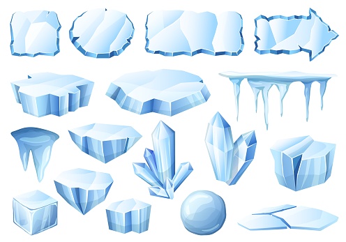 Cartoon ice. Glacier crystals, ice pieces and cold iced frames vector set. Frozen antarctic blocks. North pole pieces of different geometric shapes as oval, rectangle, arrow for games
