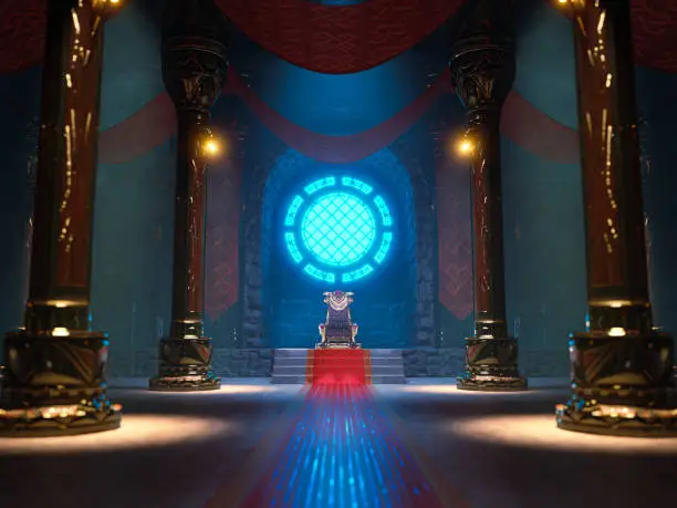 The scene of the king's throne hall with a blue circle lighting window in 3D renderings.