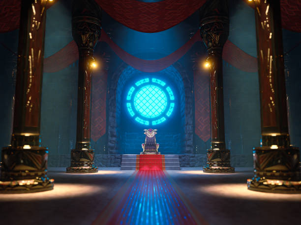 a cena do salão do trono do rei com uma janela de iluminação de círculo azul em renderizações 3d. - royal person - fotografias e filmes do acervo