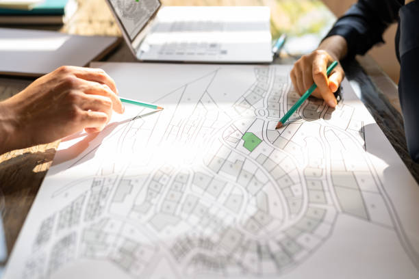 istock Human Hand Holding Pencil Over Cadastre Map 1396023696