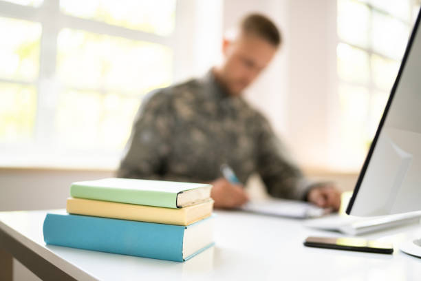 Military Student Education. Army Soldier Veteran With Computer