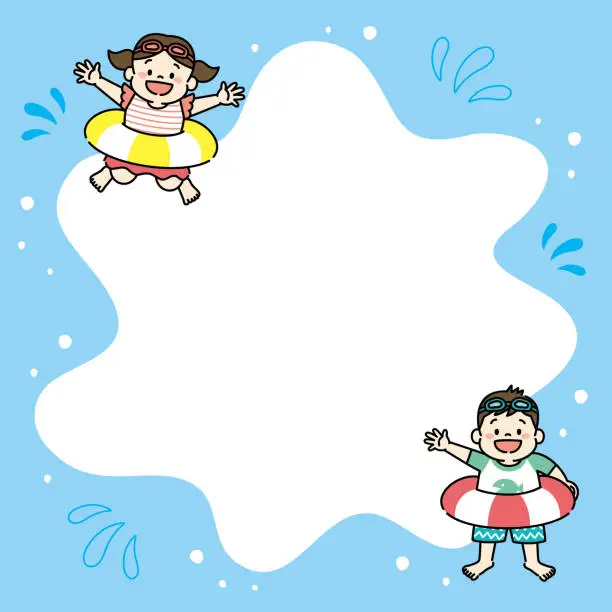 Vector illustration of Frame of kids in swimming suit having swim tube