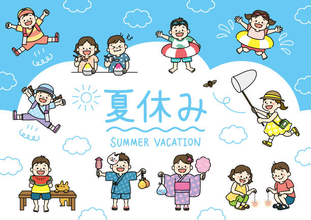 ilustrações de stock, clip art, desenhos animados e ícones de kids illustration on summer vacation. letters means "summer vacation". - japanese girl