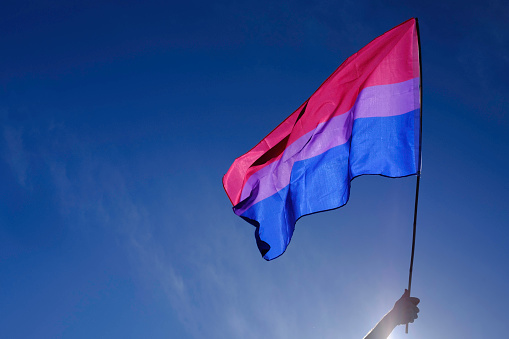 Bisexual flag fluttering in the wind over a radiant blue sky.