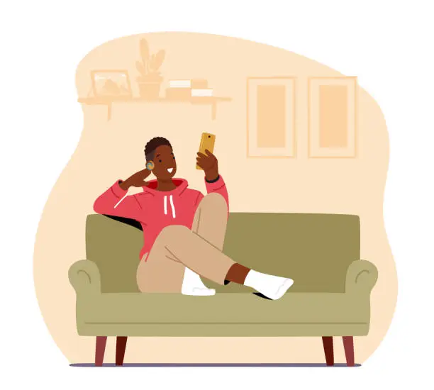 Vector illustration of Young Man Character Sit in Comfortable Armchair at Home Listening Podcast Using Smartphone and Headset, Audio Podcast