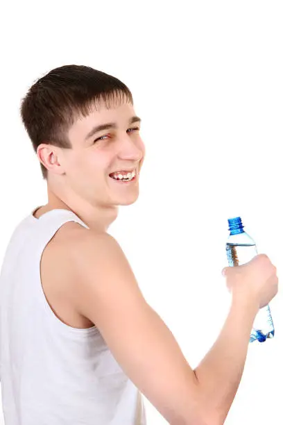 Happy Teenager with Bottle of Water on the White Background