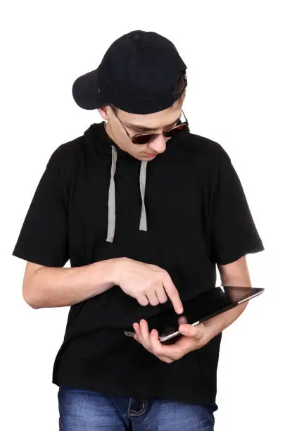 Teenager with Tablet Computer Isolated on the White Background