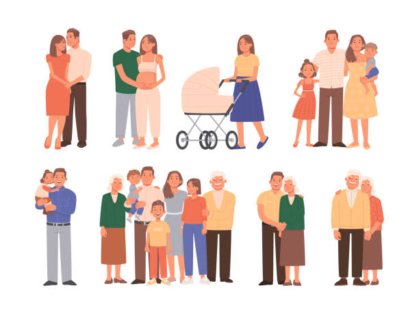 stadien der familienentwicklung. die beziehung der generationen. liebe, geburt und erziehung der kinder. eine reihe von porträts von familienmitgliedern - grandparent stock-grafiken, -clipart, -cartoons und -symbole