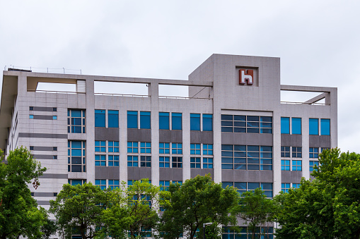 New Taipei City, Taiwan - April 30, 2022: Foxconn Technology Group headquarters in Tucheng. A a provider of electronics manufacturing services also known as Hon Hai Precision Industry Ltd
