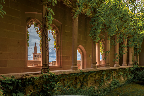 Ona, Spain - 5 August, 2020: Benedictine monastery of San Salvador de Oña in Burgos. Gothic cloister