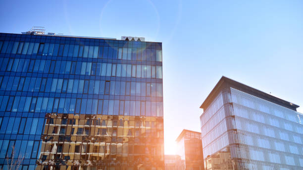 istock Minimalist glass facade, steel framework holding the large transparent panels. 1396031947