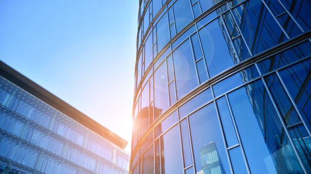 istock Minimalist glass facade, steel framework holding the large transparent panels. 1396032032