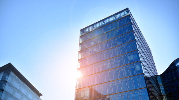 istock Minimalist glass facade, steel framework holding the large transparent panels. 1396032087