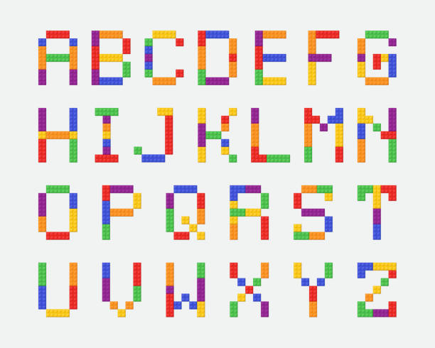 Alphabet from colorful toy bricks cartoon illustration set Alphabet from colorful toy bricks cartoon illustration set. Rainbow letters from blocks for children posters, games, banner or to compose word. ABC typography, font concept typescript print letterpress block stock illustrations