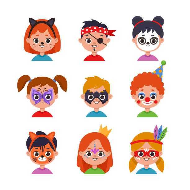 다채로운 그림 만화 일러스트 세트가있는 어린이 얼굴 - human face dog symbol animal stock illustrations