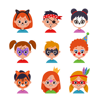 Children faces with colorful painting cartoon illustration set. Portraits of happy boys and girls or kids with animals, butterfly, superheroes painting or creative makeup. Party, entertainment concept