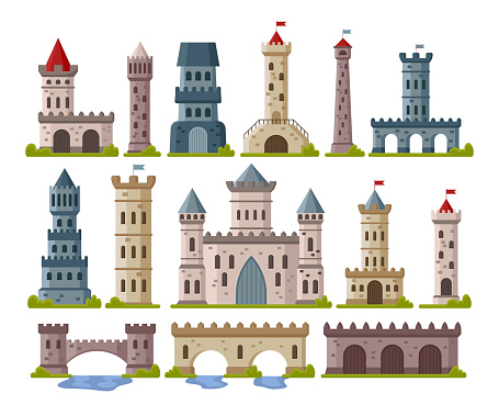 Medieval stone towers cartoon illustration set. Castles or palace with gates, old historic fort with flag, fairy tale buildings, elements for computer game. Fantasy, ancient architecture concept
