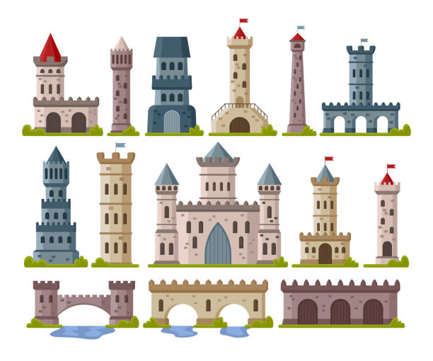 Medieval stone towers cartoon illustration set Medieval stone towers cartoon illustration set. Castles or palace with gates, old historic fort with flag, fairy tale buildings, elements for computer game. Fantasy, ancient architecture concept medieval illustrations stock illustrations