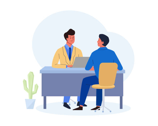 Job interview. HR manager with laptop talking to the candidate Job interview. HR manager with laptop talking to the candidate. Vector illustration in flat style for human resource concept interviewer and interviewee stock illustrations