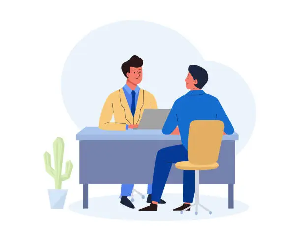 Vector illustration of Job interview. HR manager with laptop talking to the candidate