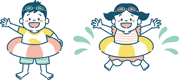 Illustration of kids in swimming suit having swim tube