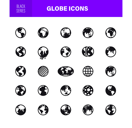 Globe and Planet Earth Icon Set. Black Series. World map in different variations.