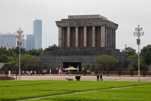 Hanoi, Vietnam - March 27, 2022: visitors queue to visit the Ho Chi Minh mausoleum in Ba Dinh Square in Hanoi.