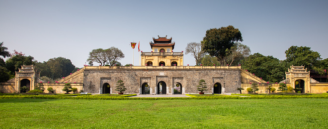 Hanoi, Vietnam - March 26, 2022: View of the Imperial citadel complex which features 11th-century buildings & sculptures and is located on Hoang Dieu Street, Hanoi