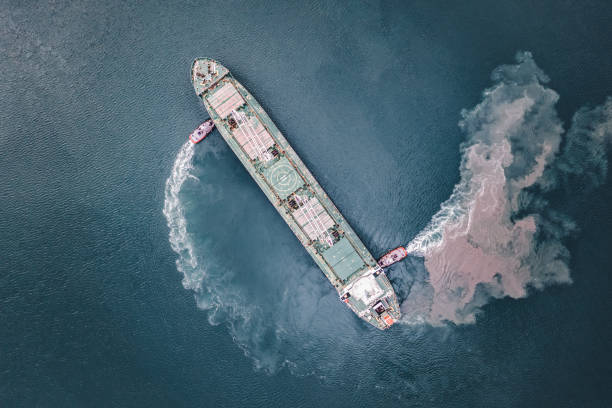 Aerial view of Large Cargo Ship Vessel in transit.