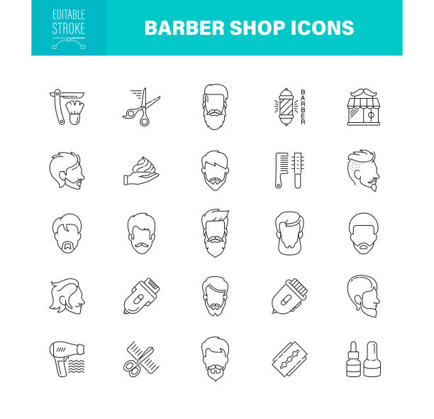illustrazioni stock, clip art, cartoni animati e icone di tendenza di barber shop icons tratto modificabile. il set contiene icone come parrucchiere, parrucchiere, forbici, cura dell'uomo - manicure make up brush razor beauty