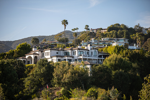 Pacific Palisades, CA - April 15 2022: Luxury villas nestled in the hills of Santa Monica